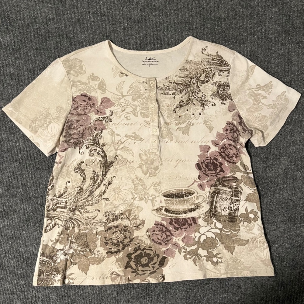 Tapemeasure Womens Coffee Floral Graphic Henley Top Cream Brown Size L